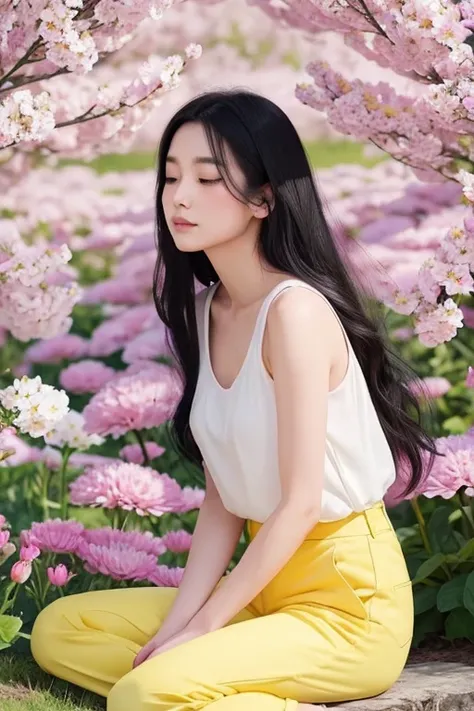 「 Please draw a meditation scene of a woman surrounded by beautiful flowers 。Women with long black hair、Im wearing a yellow top and light purple pants 。 Please draw a scene with pink and white flowers blooming all over the background。」
