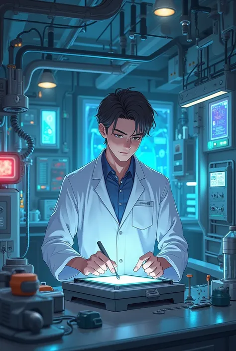 Man working in anime laboratory