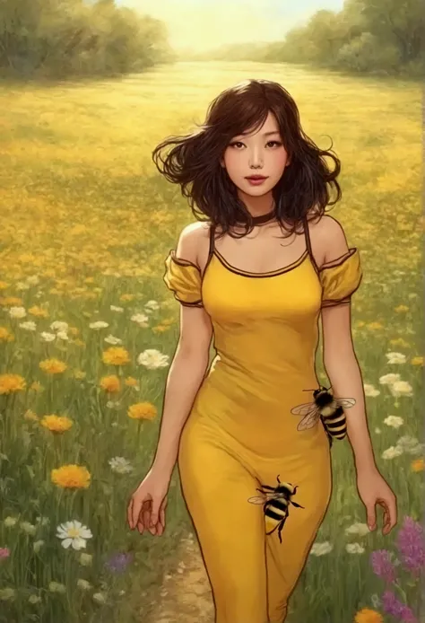 A cute woman in a sexy bee costume, bare feet, is wandering through a field with several wild flowers
