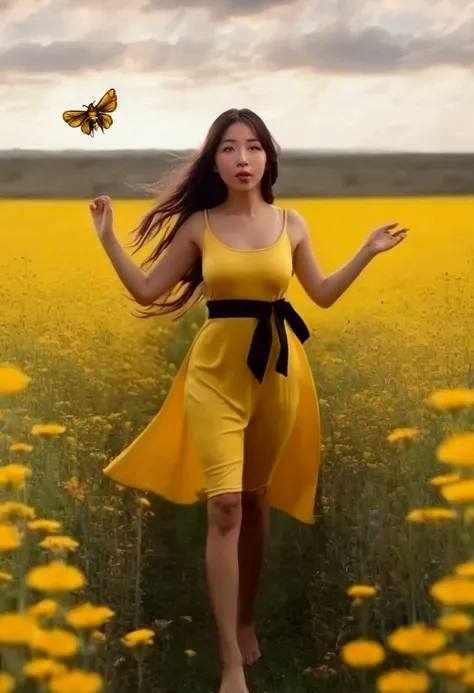 A cute woman in a sexy bee costume, bare feet, is wandering through a field with several wild flowers
