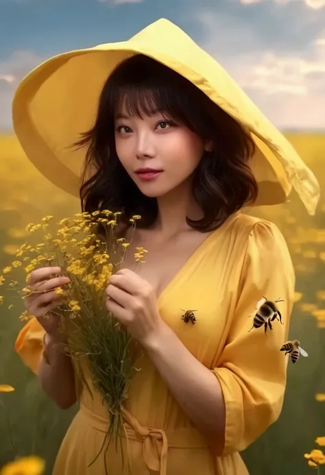 A cute woman in a sexy bee costume, bare feet, is wandering through a field with several wild flowers
