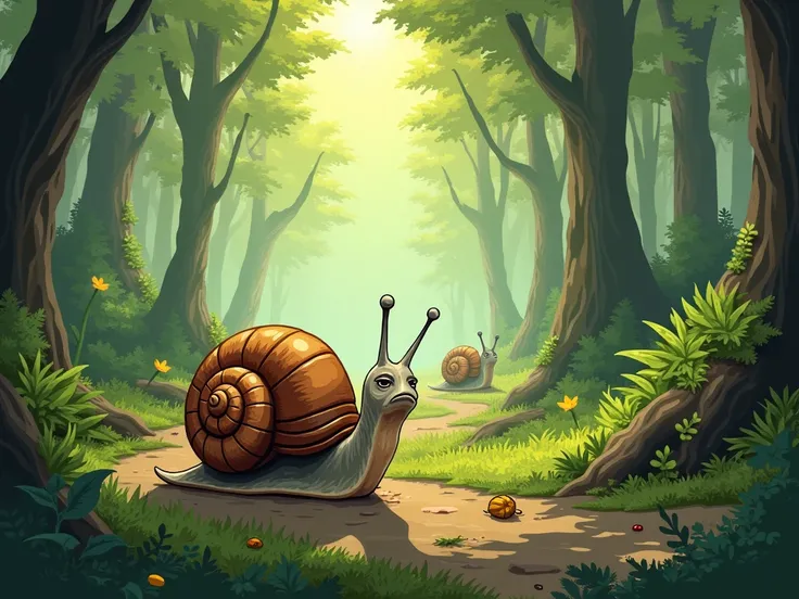 A SNAIL IN A RACE IN THE WOODS RUNNING VERY SLOW AND SAD 2D