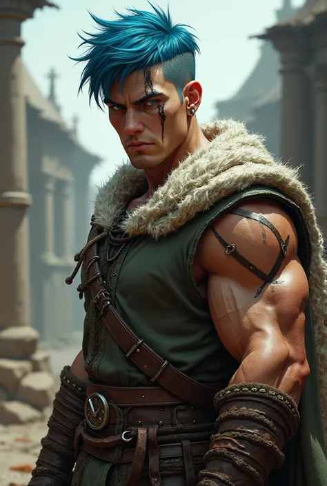  A muscular medieval young man with short blue hair and intense green eyes.  He has a vertical scar that crosses his right eye .  His left eye is completely white , showing that he is blind .