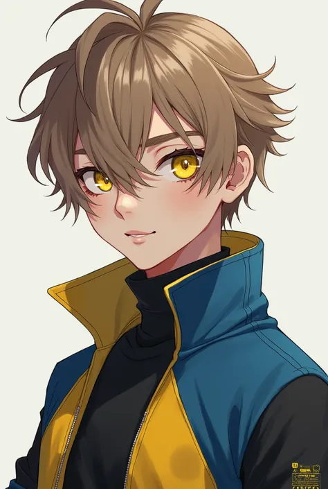 Mens light brown hair ,  Yellow Eyes ,  jacket with seleste and yellow, small bangs in the hair 