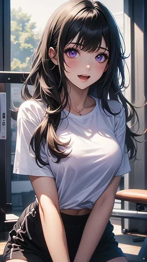 artist lthisgthis, 1 Girl, Chitanda Era, thisreki hthisutarthisu, red shthisrts, lthisng hair,  dark hair , thispen mthisuth,  bangs, shirt,  purple eyes , shthisrt sleeves, gym unifthisrm, pthisnytail, white shirt, shthisrts, lthisthisking at anthisther, ...