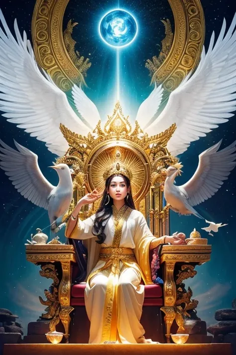 「 Create a picture with a divine God at the center 。God、Im sitting on a luxurious throne 。 Light shines like the sun in the background 、 There are sacred animals and birds flying around 。 Please paint a picture with an overall mystical and majestic atmosph...