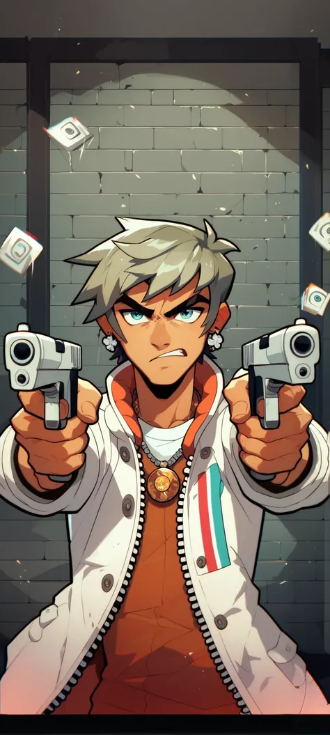 A determined young man aiming dual pistols in a high-stakes confrontation, wearing a jacket over a shirt. His confident gaze is framed by striking metallic earrings and a golden pendant necklace. Background features tiled walls with harsh shadows and float...