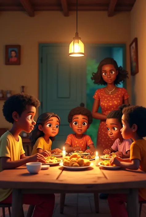 Animation of africa family of five sitting around a wooden table, happily eating, while one woman in the background looks worried.