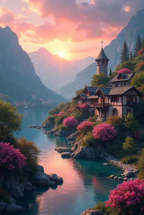 Small village by the river, mountains in the background, colorful pink flowers, detailed landscape, beautiful scenery, atmospheric lighting, scorching sunset, warm colors, practical, photography, detailed foliage, intricate buildings, cobblestone street, c...