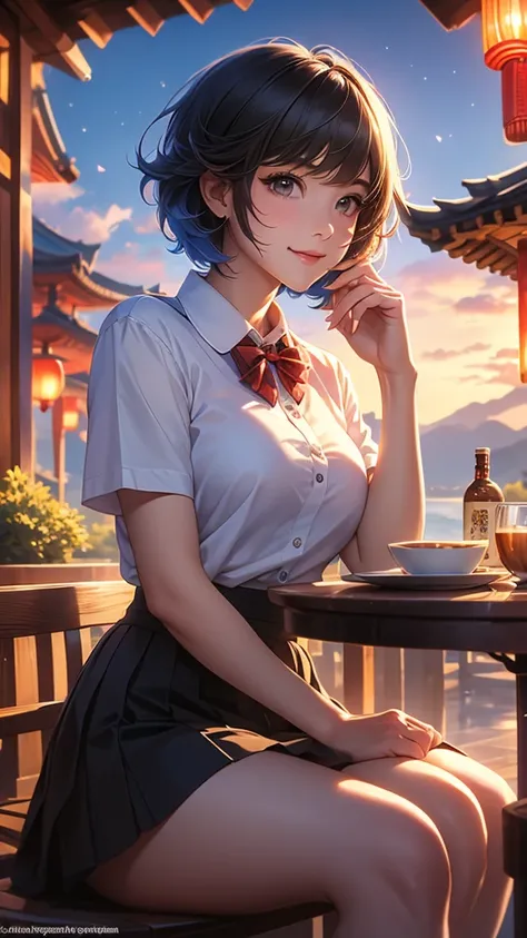 (8K,  Quality Best , masterpiece:1.2), (SFW:1.3), ( actual , photo- actual :1.37), Super Fine,  1 girl at home, cute,  unique , beautiful detailed sky,Detail of cafe,night,Sitting,Dating,( has a red and swollen nose),( Smile:1.1),( jiàguāng )  medium breas...