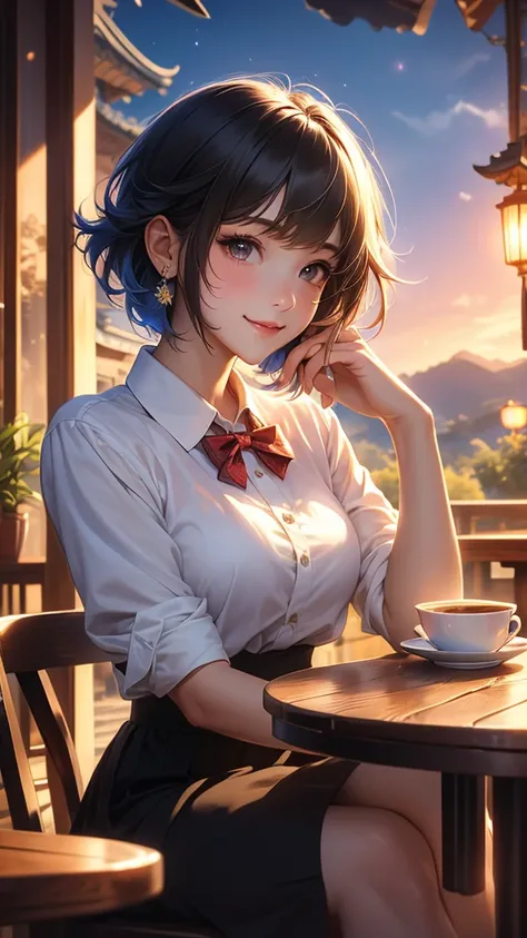 (8K,  Quality Best , masterpiece:1.2), (SFW:1.3), ( actual , photo- actual :1.37), Super Fine,  1 girl at home, cute,  unique , beautiful detailed sky,Detail of cafe,night,Sitting,Dating,( has a red and swollen nose),( Smile:1.1),( jiàguāng )  medium breas...