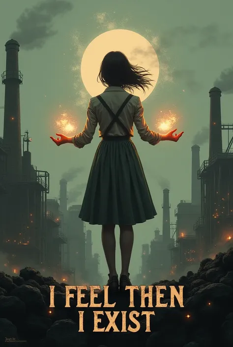 Give me the poster , It shows in the background a dystopian world together with rebellion in a factory that extracts emotions,  places the protagonist with the emotion of courage in her hands.  The name of the work is  " I Feel Then I Exist "