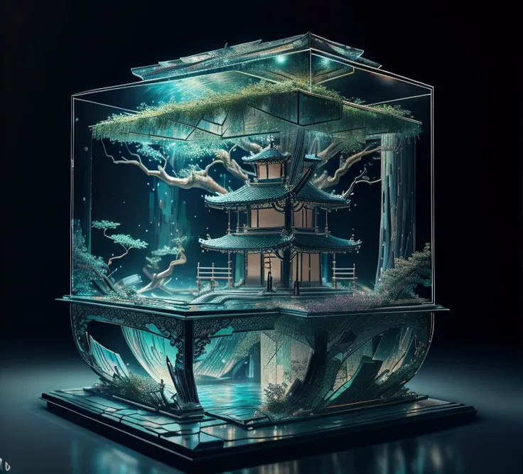  The masterpiece of glass sculpture ，There is a Japanese garden inside，water，The light shines ，Fantastic， High Quality ， high detail， best quality ，，4K，8k，