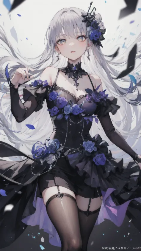 (masterpiece), ( Quality Best ), perfect composition, Clean, 8K, , [1 Girl, 牛仔射击], (minato_Snow vegetable_Bond Dream:1), long grey hair, Sweep the bangs,  Bright eyes , Jewelry, hair_flower, Gothic fashion, slanted shoulder dress , embroidery, serious, Per...