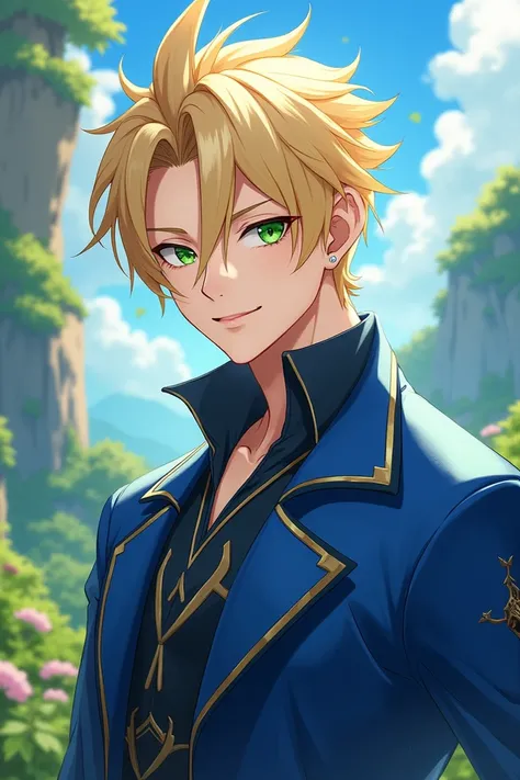 Create a drawing of a 22-year-old blond man, masculine face, green eyes and wearing blue-toned clothes in the style of Genshin Impact. Make him look similar to e