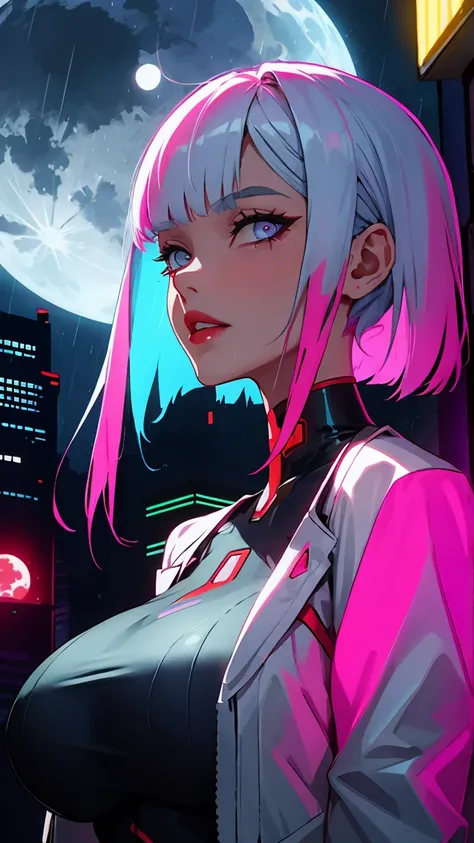 lucy (cyberpunk), 1girl,  hair scrunchie, hime cut, silver hair, colored tips, full moon, grey eyes, jacket, long sleeves, looking at viewer, medium hair, (gigantic breasts:1.2), multicolored hair, parted bangs, parted lips, pink hair, portrait, red eyelin...