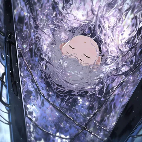 Anime, high detailed, 1 dy petite girl Wearing bodysuit sleeping submerged into a liquid fluid inside a containment tank, arterial probes and tubes, in a lab