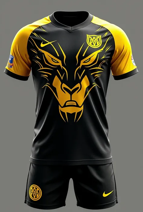 Give me a futsal or indoor soccer uniform that contains the colors black and yelow with a logo of Scar from the Lion King    