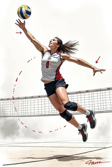 Create a drawing of a person playing volleyball .  The image must indicate the correct movement with arrows to perform the touch 