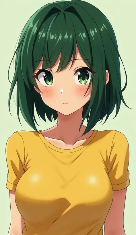 1girl ,  short hair,  looking at the spectator,  high resolution, green eyes ,  dark green hair,  Anime style, yelow blouse,  muscular body, Franja reta, Cabelo liso,