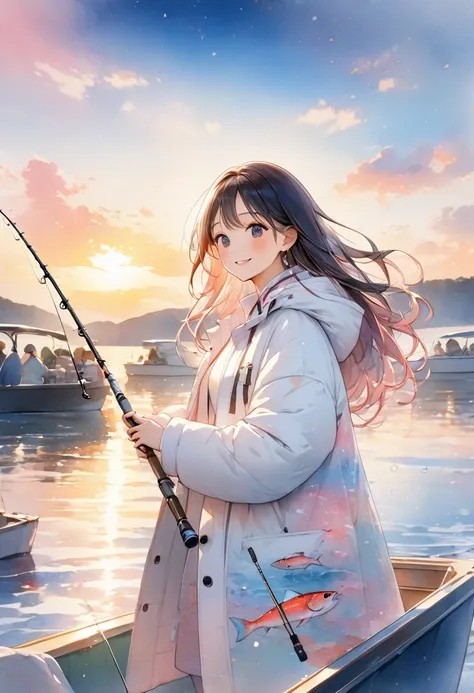 8K resolution、(((masterpiece))) (( best quality)) ((masterpiece))、At duskの港、At dusk、Long-haired smiling adult woman in a white down coat enjoying fishing with a big thick fishing rod on a boat、Caught lots of fish 、 pastel colors、Beautiful colors、きれいな paste...