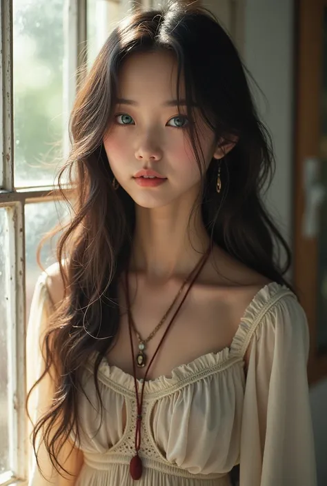  Beautiful girl with long wavy hair, bohemian dress,  looking at the spectator with blue sanpaku eyes, with slight Asian features 
