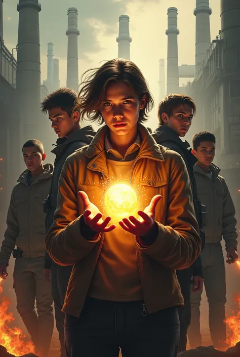 Give me the poster , It shows in the background a dystopian world together with rebellion in a factory that extracts emotions,  places the protagonist with the emotion of courage in her hands. He shows his three friends and a friend ,  who help him start t...