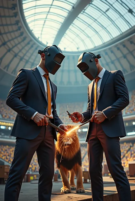 Make two strong men in suits and ties wearing welding masks while working in a sports dome with solar panels while being watched by a lion also wearing a suit and tie 