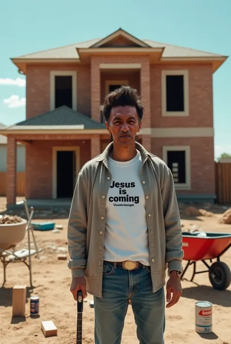  Man with short Elvis Presley hair and sweatshirt clothes ,  with a white t-shirt written  " Jesus is coming " and below "Vicente Sampaio "  and the design of a minimalist guitar .  The man is working on the construction of a two-story brickwork house. Hou...