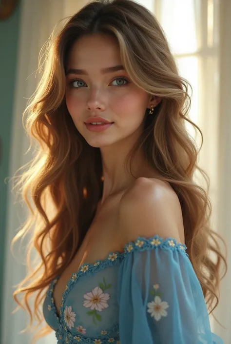  a feminine figure with delicate features :  long light brown hair with silky golden reflections falling in waves up to the waist,  big, bright eyes,  of a tone that mixes the serenity of blue and the warmth of gold, reflecting curiosity and tenderness .  ...