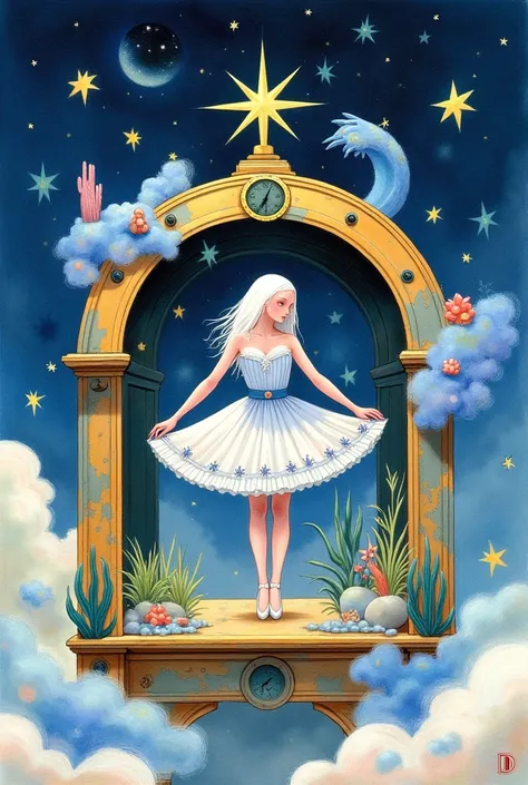 , a beautiful young woman dressed as a ballerina wearing pointe shoes on her legs is dancing inside a giant clockwork box ,  white hair, Compose  , Painting (medium), ,  A star  (sky),  A star  (symbol), watercolor (medium), against the starry sky and clou...