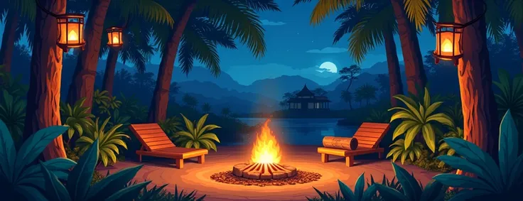 "A serene Indonesian forest at night, illuminated by warm lanterns hanging from tall tropical trees. A festive atmosphere is created with a glowing campfire at the center, surrounded by neatly arranged decorations like logs, mats, and tropical plants. In t...