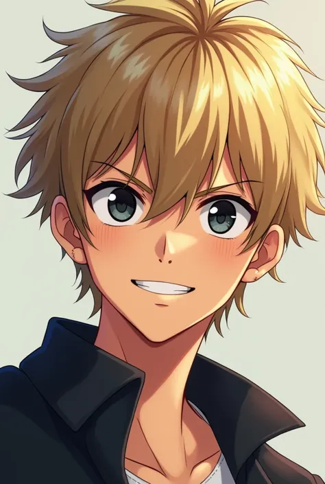 A 15-year-old boy with dark blond hair and black eyes with slightly tanned skin and a provocative smile with anime-style dimples