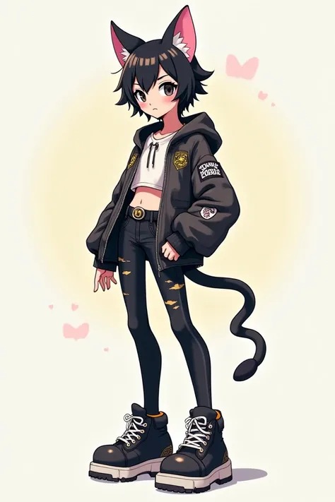 A semi-human boy cat anime version with black eyes and with femboy clothes 