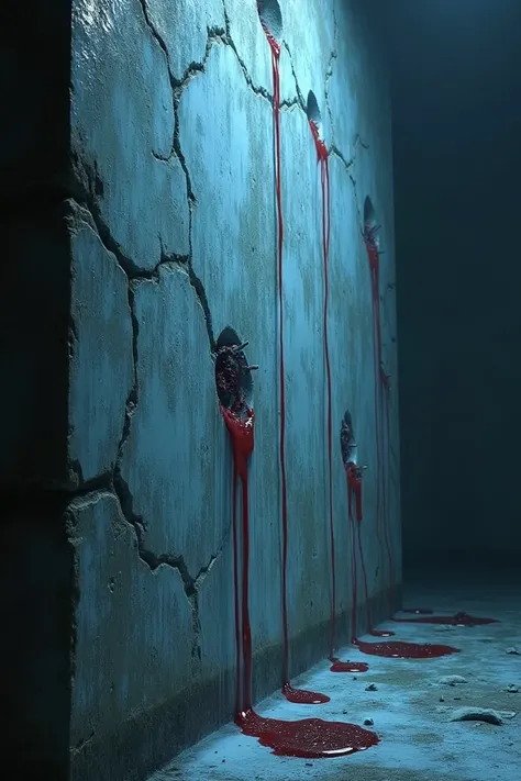 The wall turns icy cold, with blood droplets mysteriously forming and trickling down its cracked surface."