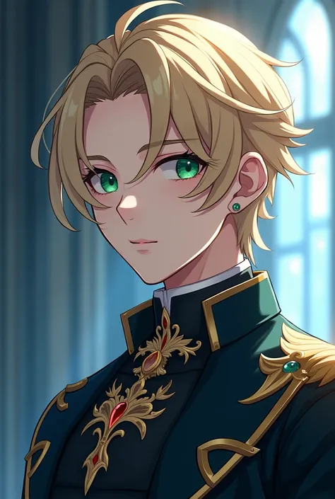 Create a drawing of a 22-year-old blond man, masculine face, green eyes and wearing blue-toned clothes in the style of Genshin Impact. 
Make him look elegant with a more masculine face

