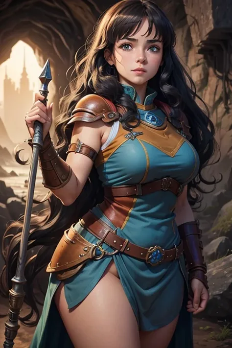 A beautiful village woman with a gentle smile, ((best quality))) (((HD))) (((8k))) (character) 20-year-old woman, ((adventurous)), (((one eye green)) and ((one eye blue)))dwarf, long pointy ears, ((beautiful)), (((black hair)) and ((very long hair:1.2)) an...