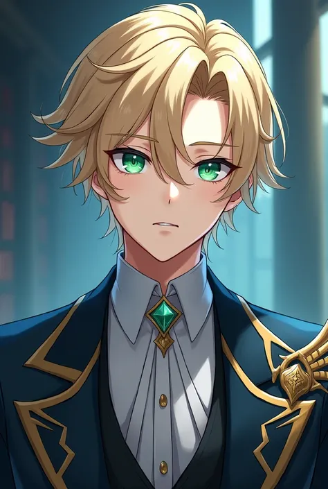 Create a drawing of a 22-year-old blond man, masculine face, green eyes and wearing blue-toned clothes in the style of Genshin Impact. 
Make him look elegant with a more masculine face

