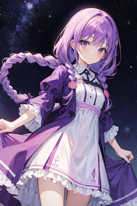 anime purple girl with two long dutch braids in dress