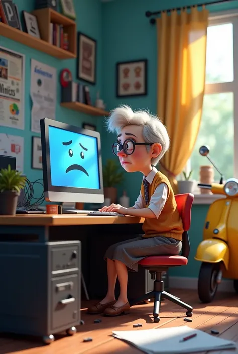 Create an eye-catching promotional image in a Disney Pixar 3D style. The scene features an elderly woman at home, displaying a worried and confused expression as she sits at her desk. On her computer screen, depict a blue background with a sad face represe...