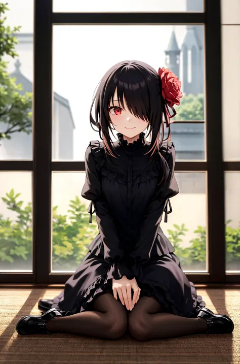 1 Girl,  unique , Kneel down, constellation, 
cc Hulumi , Long hair, Low double ponytail, Hair Flower,  with hair on one eye, Hairpin, Gothic,  black dress , ribbon, pantyhose, 
slippers, 
Sitting,  Smile,  looking at the audience, 
Lean forward, 
Indoors,...