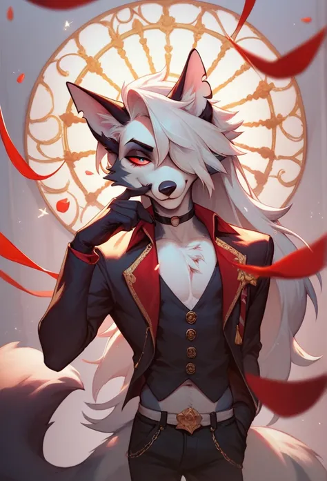 An original character, anthropomorphic, fox, male, white and black fur, tall character, hair over left eye, wearing a outfit, using some accessories, on a beautiful background, cartoon art style "Helluva Boss"