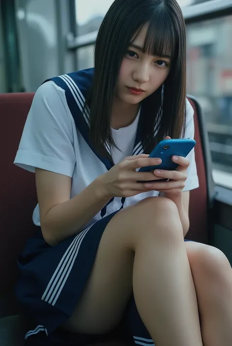 On the train, a Japanese high school girl is sitting sleepily in her seat, opening her legs, and peeking at her smartphone