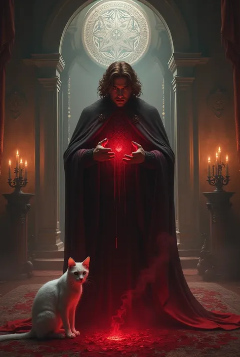 A mysterious man with brown hair blood magic in his house with his white cat