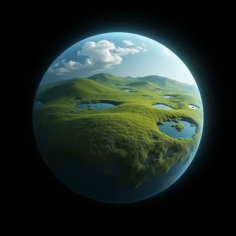 A singular big round planet with a blue atmosphere and white clouds. The entire surface of the planet is grassy with various grass color variations and species. Varying rolling topography and hills all over the planet. Grasses get more faded and cold towar...