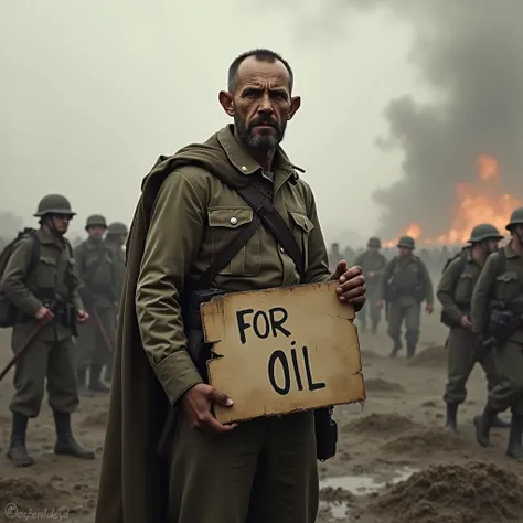  Beggar in military uniform in the middle of a battle in the first world war begging for alms with an old sign that says "I need oil  