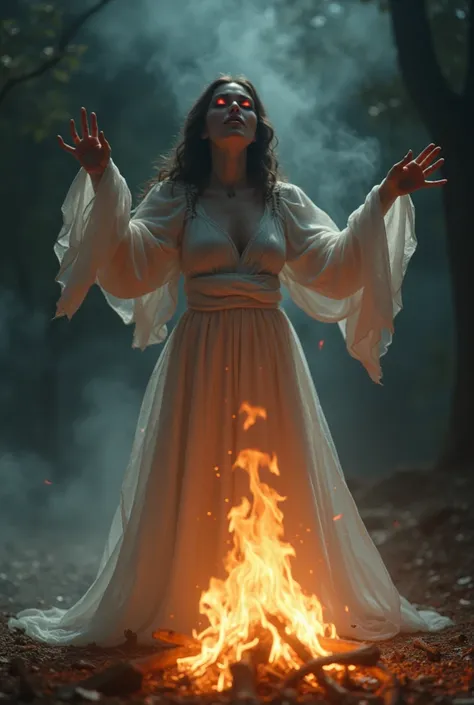 Animation of A woman chanting with her arms raised near a fire, as a pale, skeletal spirit with red glowing eyes rises from the flames.