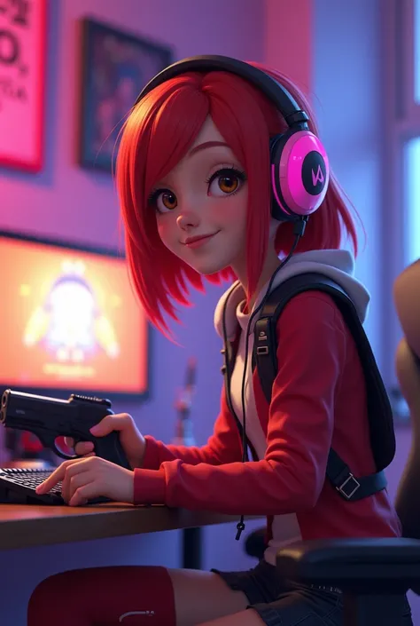  pixar-like poster featuring a character with straight red hair, Brown eyes, wearing overwatch clothes in a gamer room with pink headphones, with a gun in his hand and with the name REINA in the background 