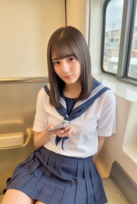 Japanese high school girl sitting alone on a train looking at her smartphone while slouching her legs and stretching her legs