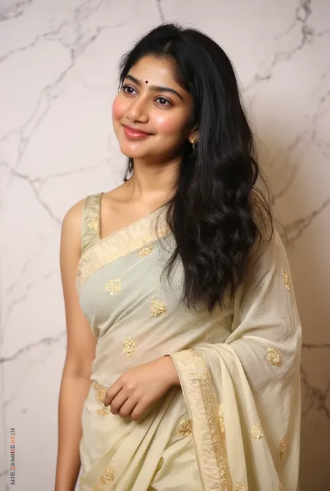 "Sai pallavi Half-body portrait of an elegant woman standing confidently, dressed in a light-colored traditional silk saree with intricate patterns. She has long, flowing black hair, a calm and thoughtful expression, and subtle makeup. She wears a delicate...